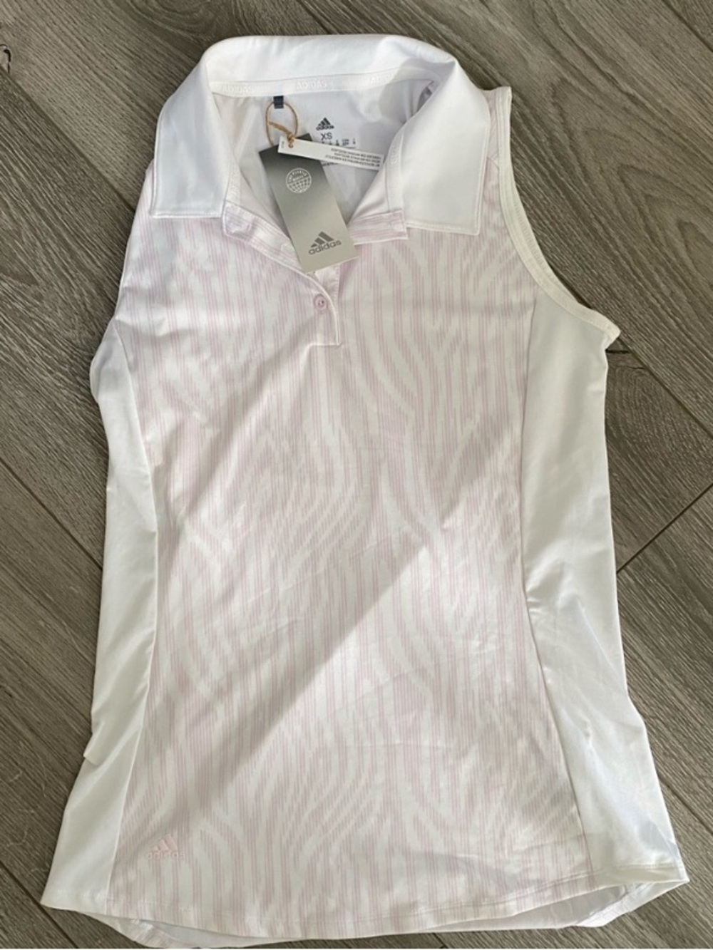 Adidas White Sleeveless Polo Tank with Soft Pink Stripe Accents